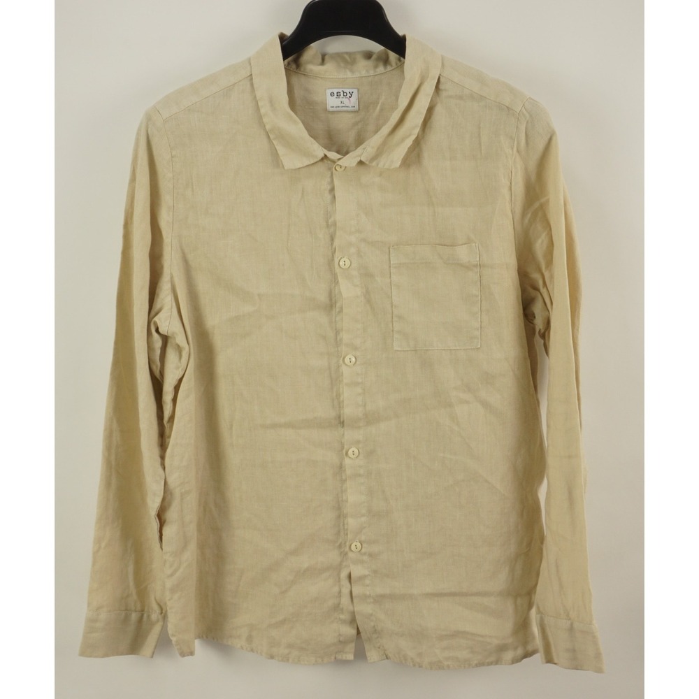 esby USA 100% Linen Men's XL Slim Fit Long Sleeve Cream Pocket Button Up Shirt